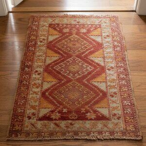 VTG Small Rug Carpet Turkish Anatolian Nomadic Tribal Hand Knotted Red Orange